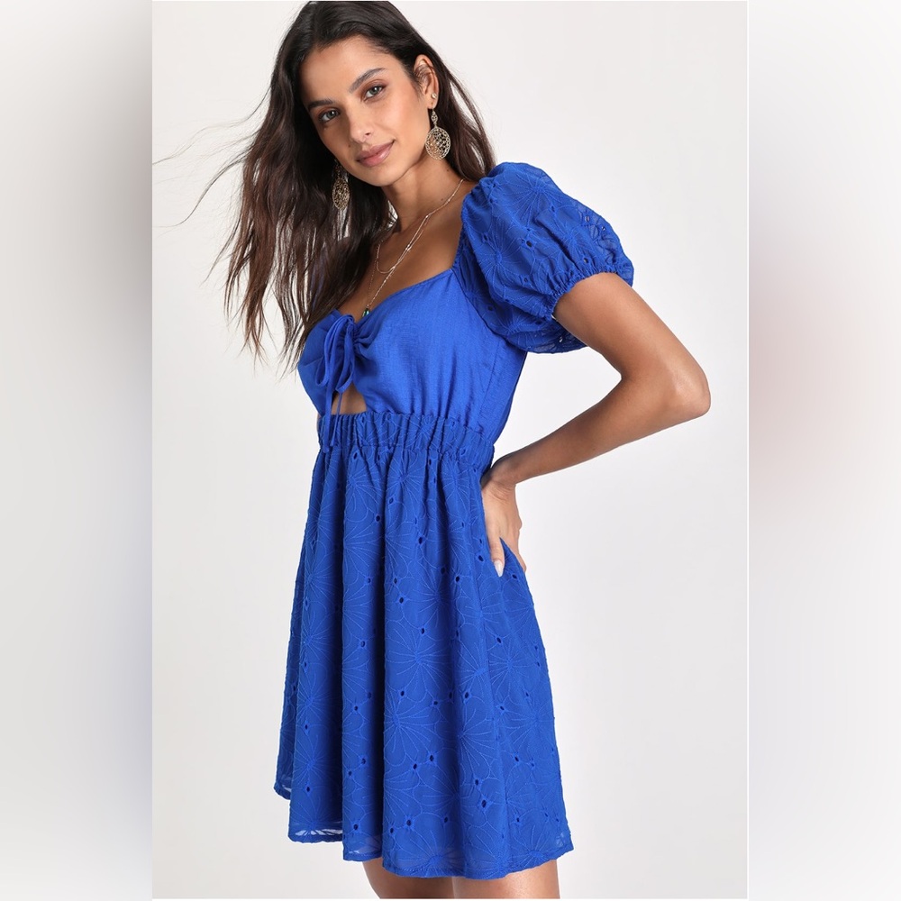 NWT Cobalt Blue Floral Embroidered Puff Sleeve Mini Dress, women’s size M